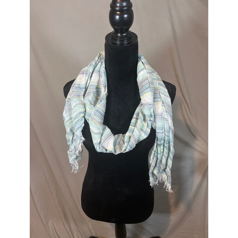 Unbranded Women Striped Lightweight Scarf Green Blue Yellow Metallic Frayed Edge